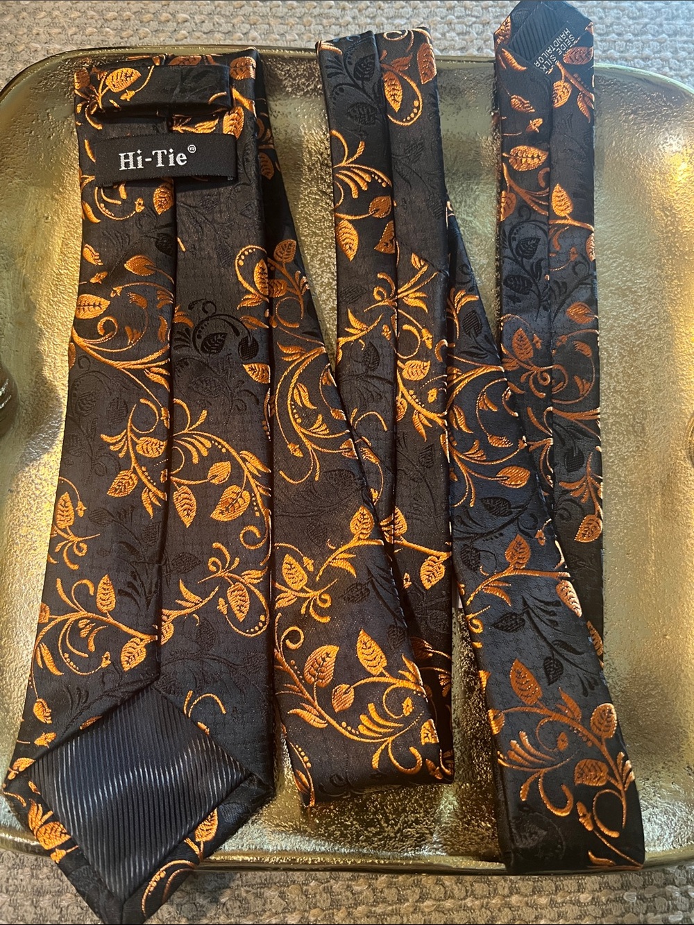 #2175**Hi-Tie Black Tie with Metallic Copper Leaf Jacquard